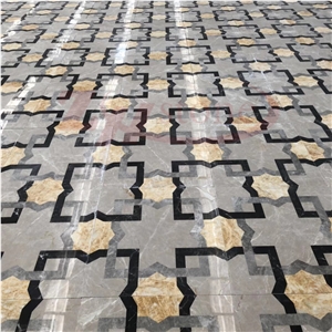 Amber Gold Marble Hermezs Grey Waterjet Square Inlayed Medallion