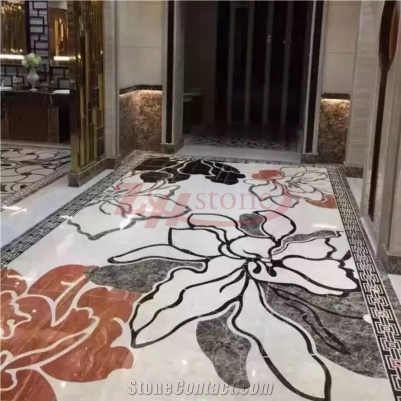 Burdur Red Marble Grey Marble Big Flower Design Waterjet Medallions