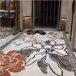 Burdur Red Marble Grey Marble Big Flower Design Waterjet Medallions