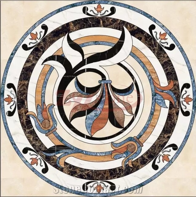 Flower Design Blue Marble Round Waterjet Medallion