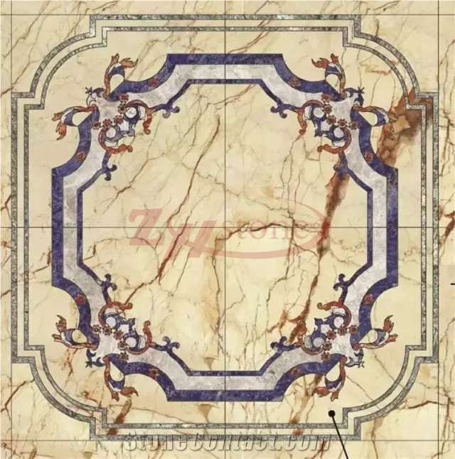 Sofita Gold Marble Blue Sodalite Waterjet Square Floor Medallions