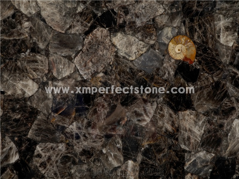 Dark Fossil Semi Precious Stone Panels Gemstone Slabs