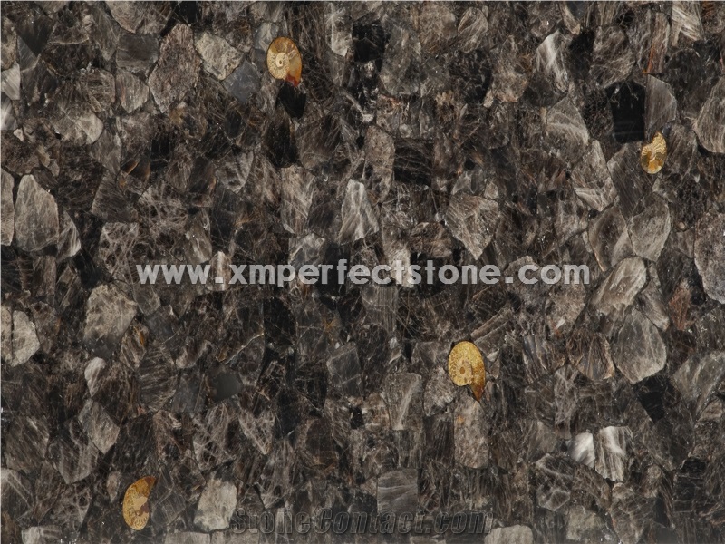 Dark Fossil Semi Precious Stone Panels Gemstone Slabs