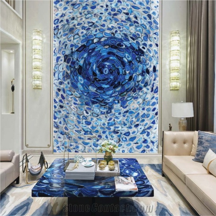 Agate Blue Wall Panel,Blue Semiprecious Stone Round Tomato Design