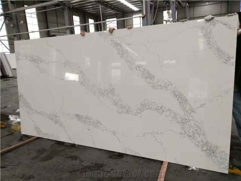 Calacatta White Quartz Stone Big Slabs, Cut Size Polished