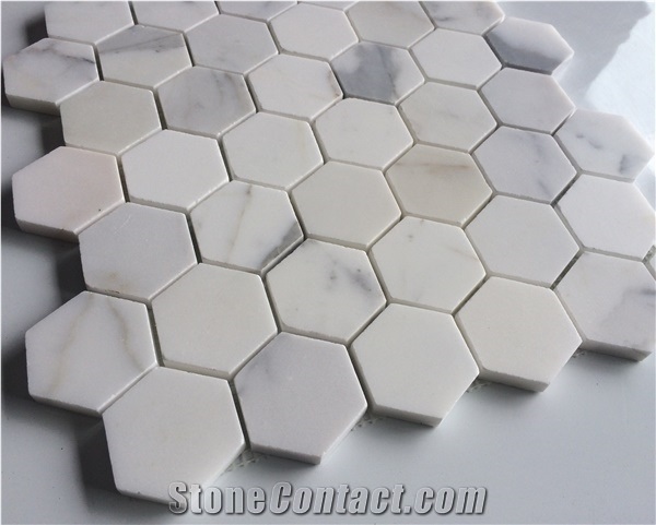 Hexagon Calacatta Gold Marble Mosaic Tiles for Bathroom Floor Cover
