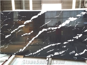 Vietnam Quartz Marble Looks Slabs,Black Artificial Stone White Vein