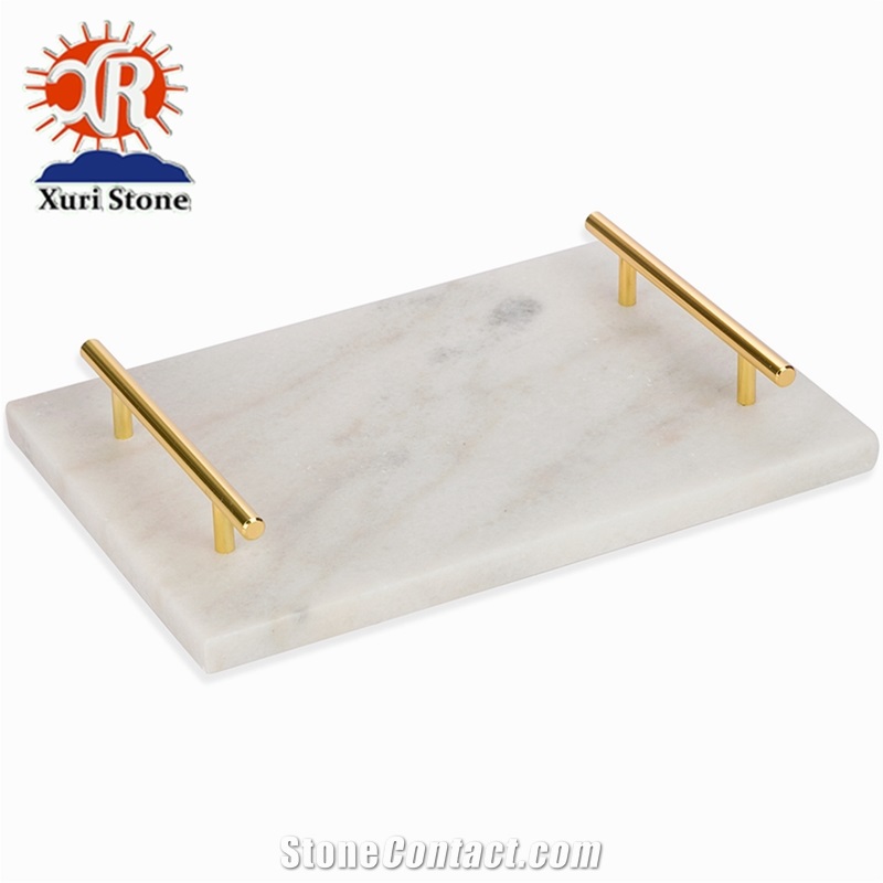 Natural White Carrara Marble Tray/Plates with Gold Handles for Hotel