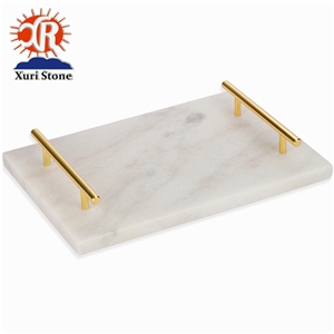 Natural White Carrara Marble Tray/Plates with Gold Handles for Hotel