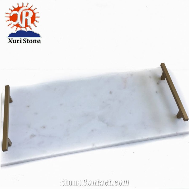 Natural White Carrara Marble Tray/Plates with Gold Handles for Hotel