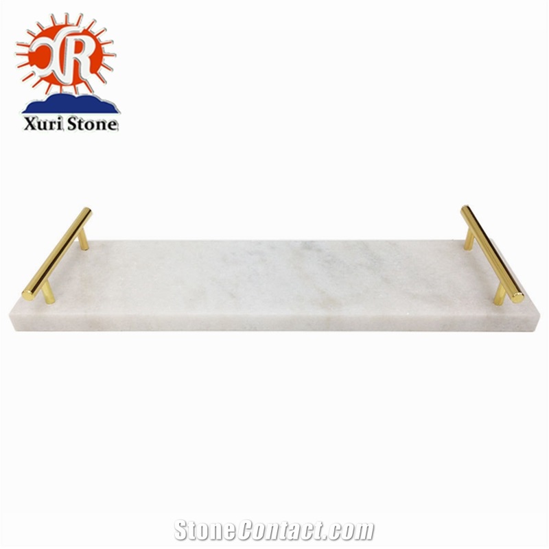 Natural White Carrara Marble Tray/Plates with Gold Handles for Hotel