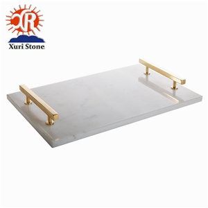 Natural White Carrara Marble Tray/Plates with Gold Handles for Hotel