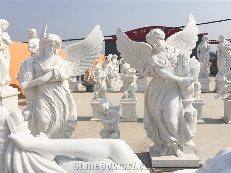 Natural Marble Hand Carved Double Angel Statue Sculpture