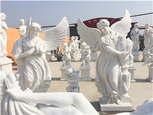 Natural Marble Hand Carved Double Angel Statue Sculpture