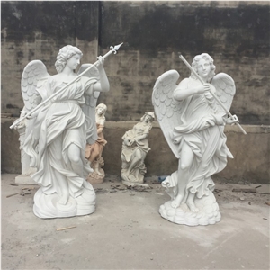 Natural Marble Hand Carved Double Angel Statue Sculpture