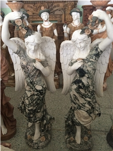 Natural Marble Hand Carved Double Angel Statue Sculpture