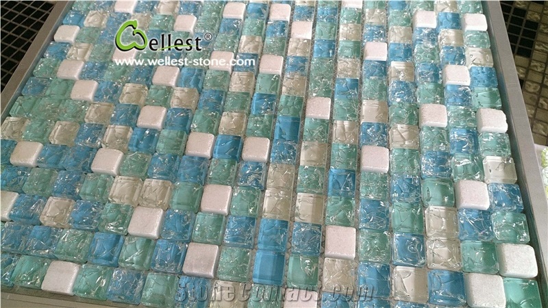 Light Blue Crystal Glass Mosaic Tile for Bathroom Swimming Pool