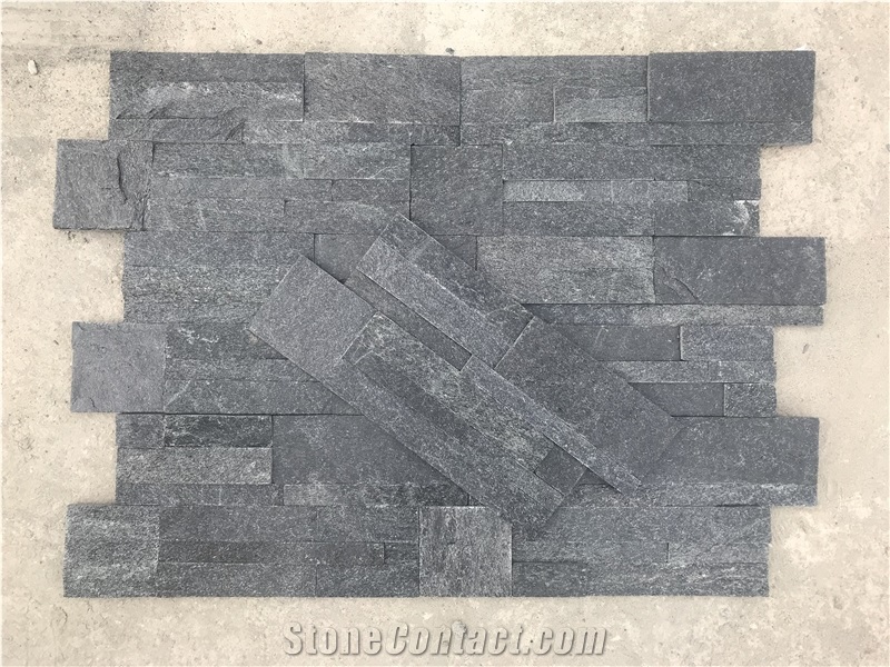 Black Quartzite Stacked Stone Panel, 35-18 Size Ledge Stone Z Shape