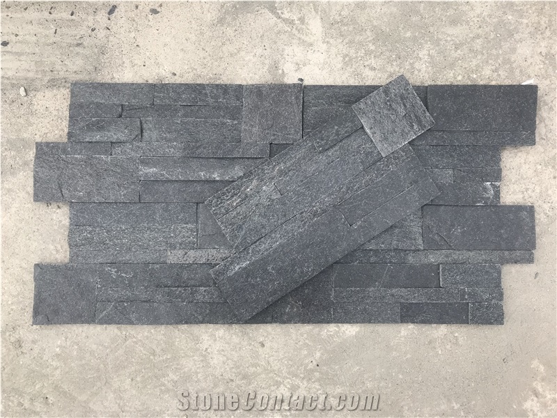 Black Quartzite Stacked Stone Panel, 35-18 Size Ledge Stone Z Shape
