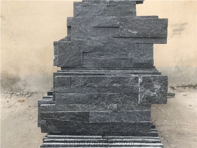 Black Quartzite Stacked Stone Panel, 35-18 Size Ledge Stone Z Shape