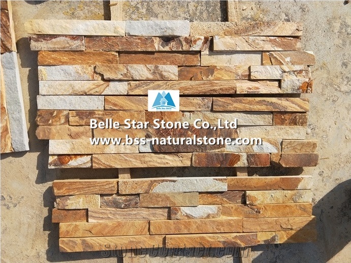 Gold Yellow Limestone Culture Stacked Ledger Stone Panels Veneer Clad