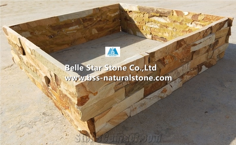 Gold Yellow Limestone Culture Stacked Ledger Stone Panels Veneer Clad