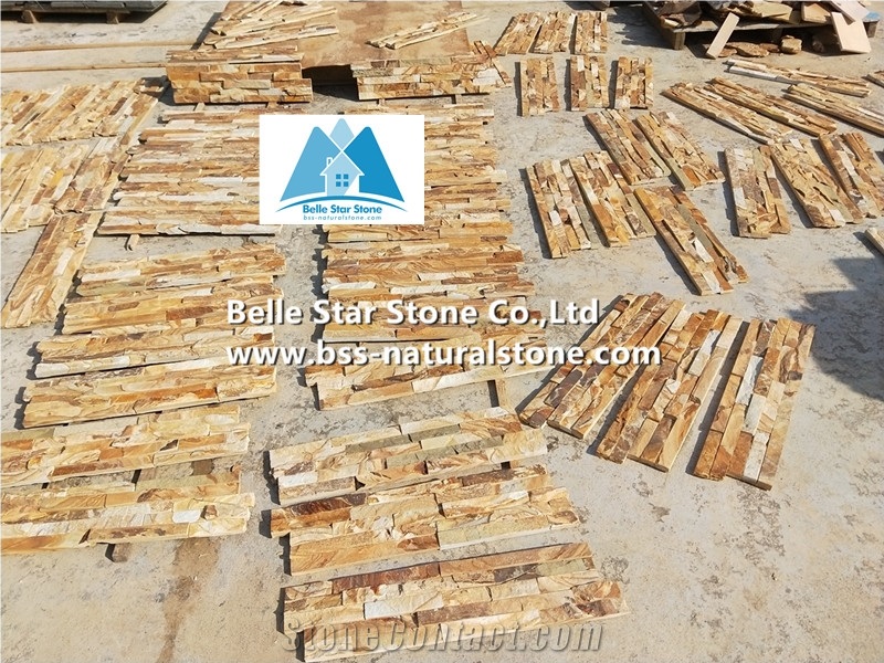 Gold Yellow Limestone Culture Stacked Ledger Stone Panels Veneer Clad