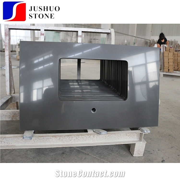 China Polished Absolute Black Quartz Stone Countertops Kitchen Usage