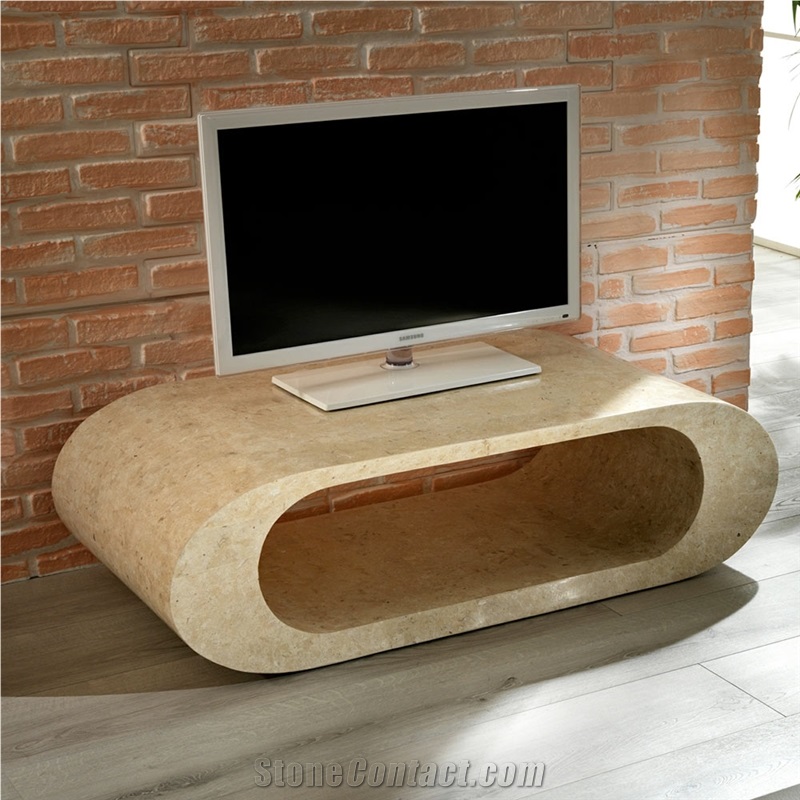 Classic Beige Limestone Round Tv Table Stone Furniture for Interior Living Room Design