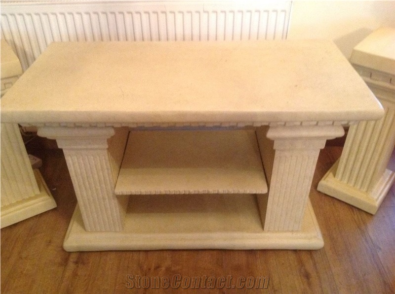 Classic Beige Limestone Round Tv Table Stone Furniture for Interior Living Room Design