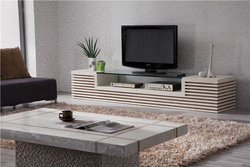 Classic Beige Limestone Round Tv Table Stone Furniture for Interior Living Room Design