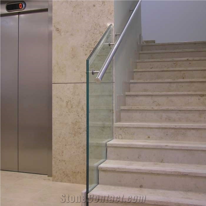 Jura Beige Limestone Floor Stepping Staircase,Cream Sea Coral Stone Risers Villia Interior