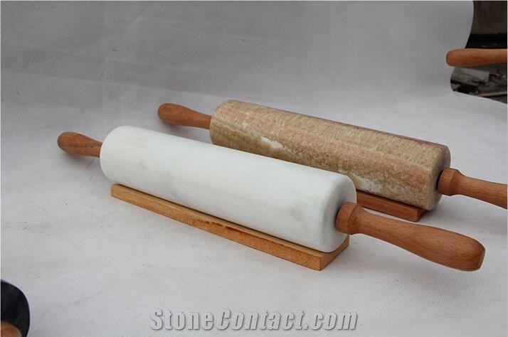 Marble Rolling Pin with Wood Base Support