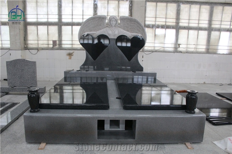 Double Hearts Angel Tombstone, Black Granite Hearts Monuments