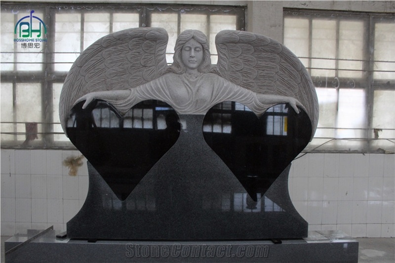 Double Hearts Angel Tombstone, Black Granite Hearts Monuments