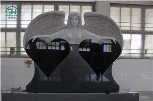 Double Hearts Angel Tombstone, Black Granite Hearts Monuments