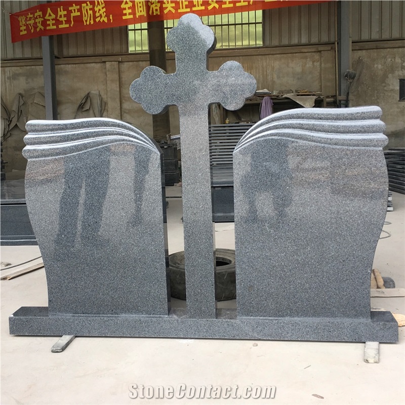 European Style G654 Dark Gray Granite Cross Double Gravestone