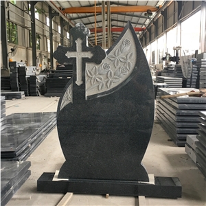 G654 Dark Gray Carving Flowers Upright Tombstone