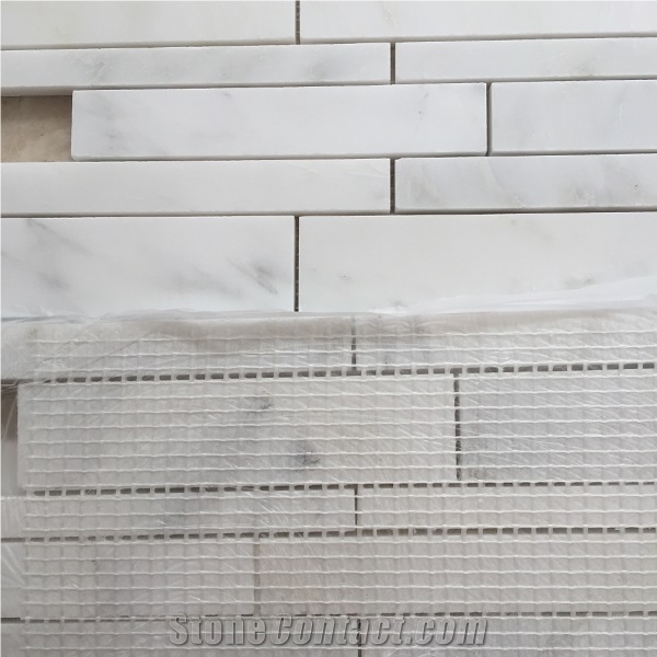 A Grade Bianco Carrara Marble Random Strip Linear Wall Mosaic Tiles