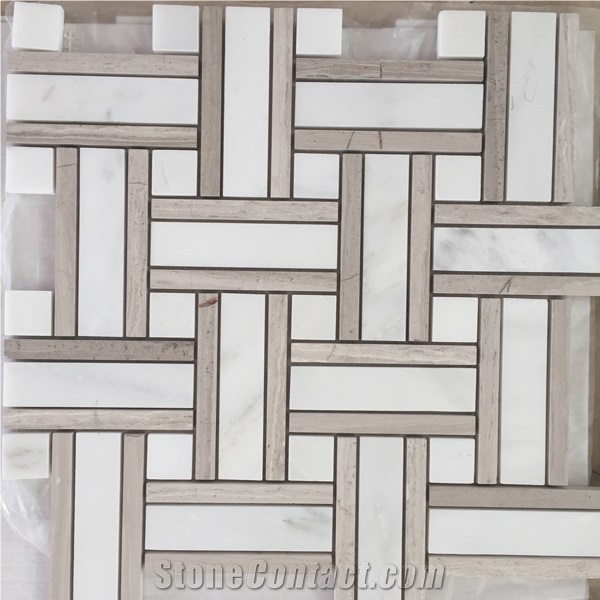 Carrara White with Wooden Grey Marble Basketweave Mosaic Pattern