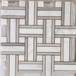 Carrara White with Wooden Grey Marble Basketweave Mosaic Pattern