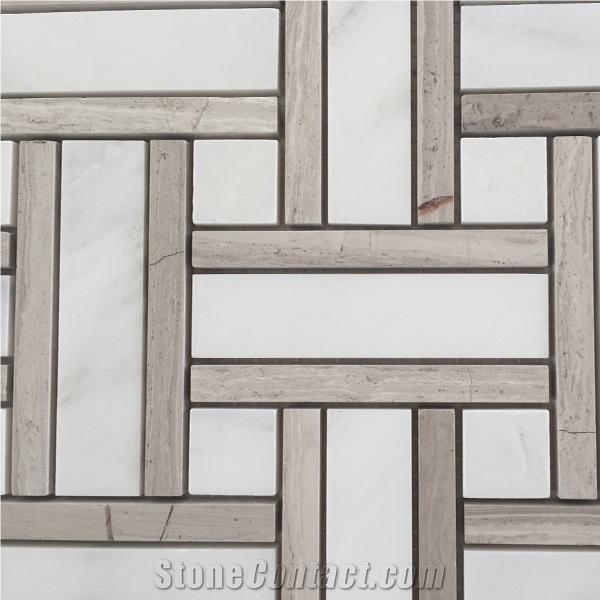Carrara White with Wooden Grey Marble Basketweave Mosaic Pattern