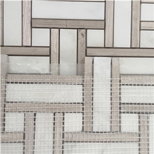Carrara White with Wooden Grey Marble Basketweave Mosaic Pattern