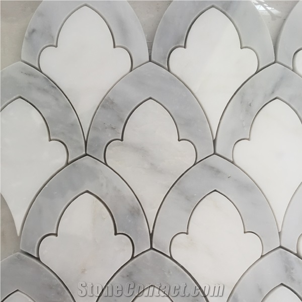 Popular White with Grey Marble Stone Mosaic Flower Design Pattern Tile
