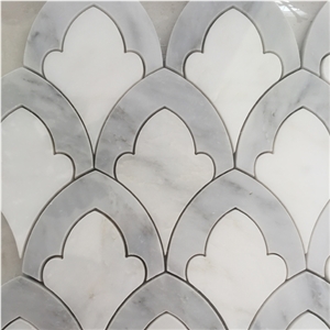 Popular White with Grey Marble Stone Mosaic Flower Design Pattern Tile