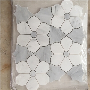 White with Grey Marble Stone Flower Design Floor Mosaic Tiles White with Grey Marble Stone Flower Design Floor Mosaic Tiles