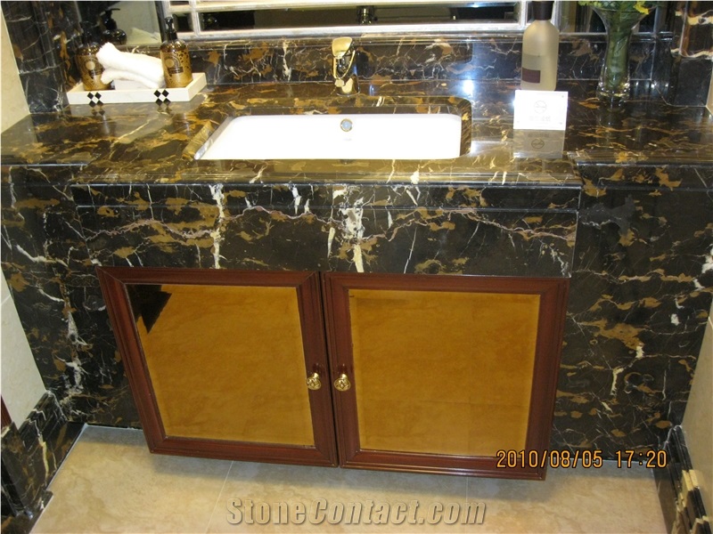Black Golden Nero Yellow Black Veins Buff Flower Marble Countertop