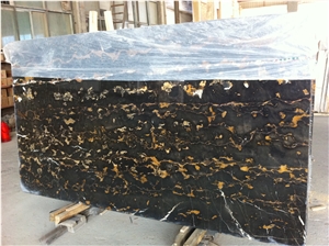 Black Golden Nero Yellow Black Veins Buff Flower Marble Countertop