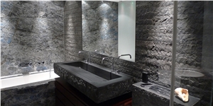 Blue Labradorite and Split Basalt Tiles, Farm Sink, Bath Design