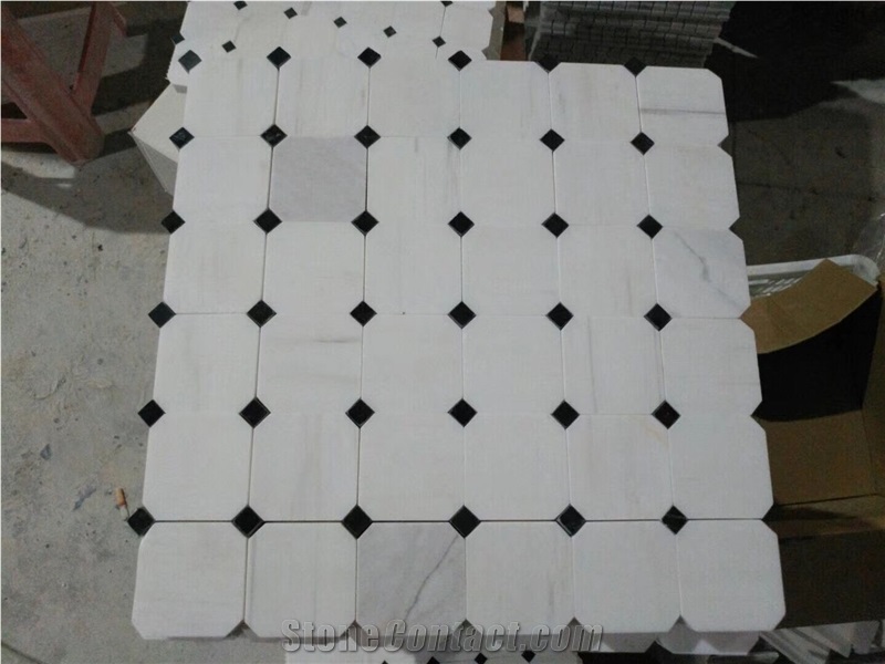 Black/White Marble Square Mosaic Tiles with White/Black Dot